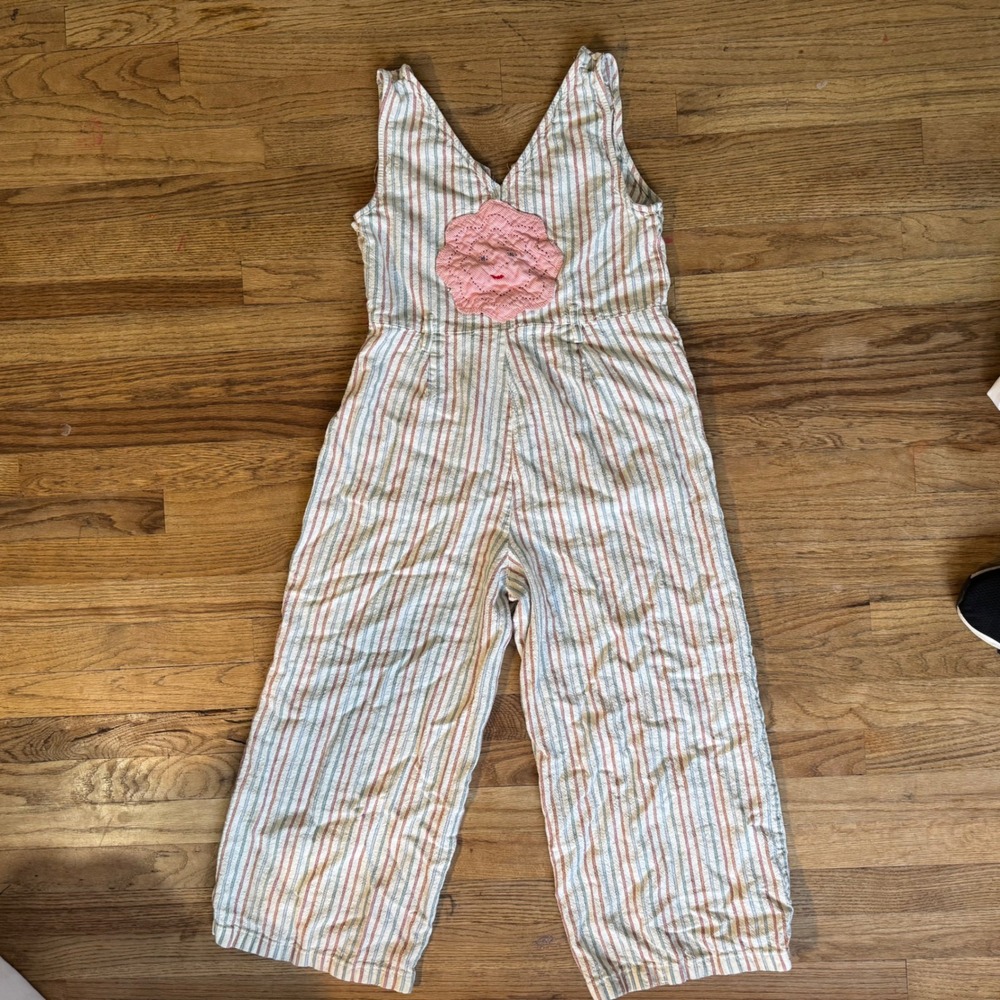 Boho Linen Blend Striped Jumpsuit with Embroidered Flower Patch Wide Leg M